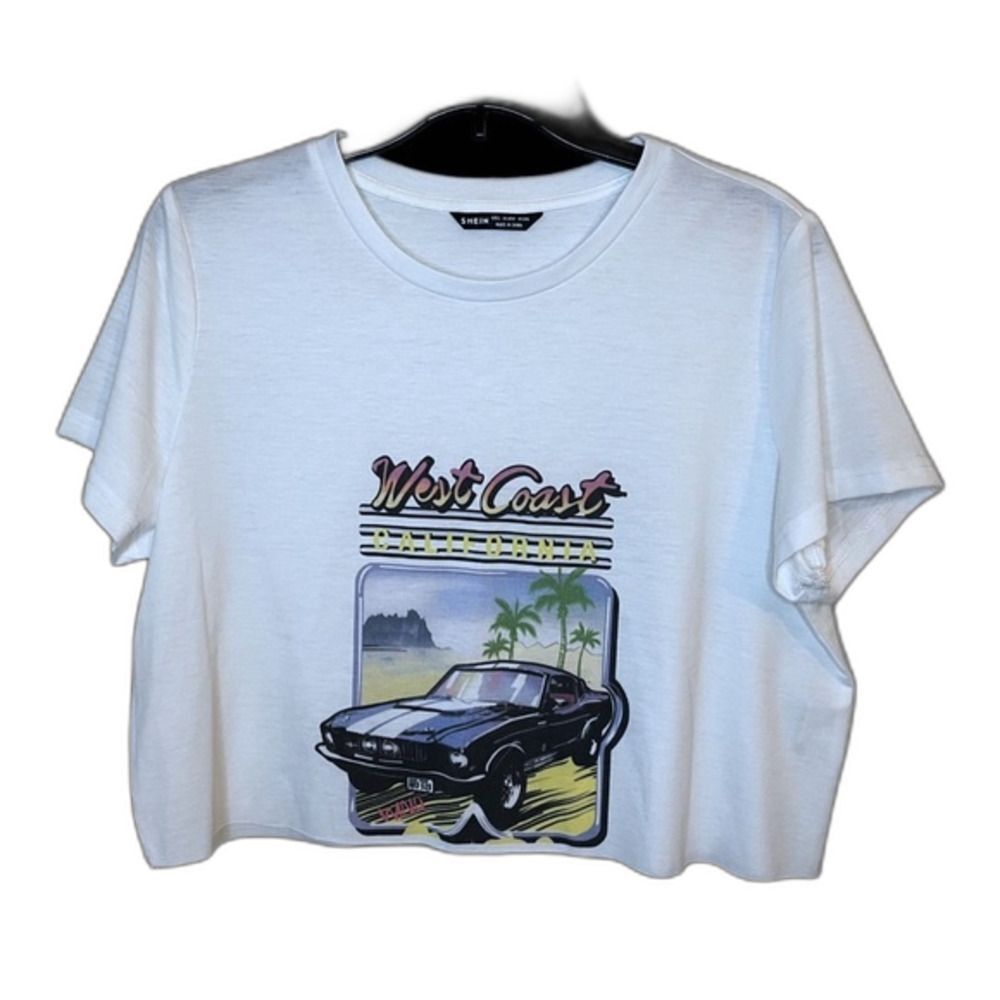 SHEIN White West Coast Graphic Crop Top Size Large